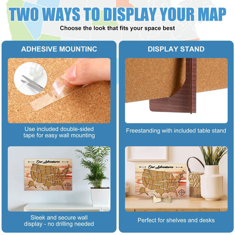 Two display options for USA Travel Cork Map Set With 100 Push Pins And Wooden Storage Box 12x8 Inches, adhesive and stand shown