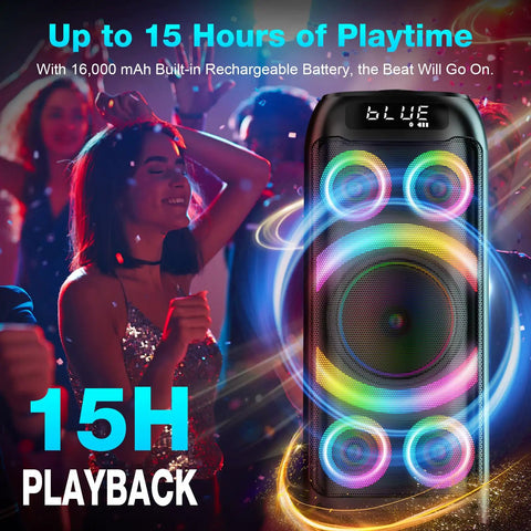 160W Peak Bluetooth Party Speaker with Deep Bass and Subwoofer, LED lights on at night, portable for outdoor and parties