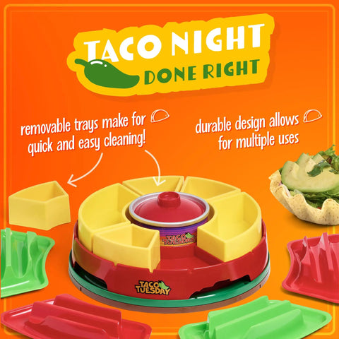 Ultimate Taco Night Heated Lazy Susan Party Serving Set Shareable With Four Tortilla Holders And 20 Oz Fondue Pot For Burritos Nachos And Fajitas Perfect For Entertaining At Home Red displayed with removable trays and durable design