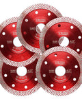 Pack Of 5 4 Inch Diamond Saw Blades For Angle Grinder with red diamond edges and center holes for precise cutting.