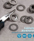 Front view: ten thrust needle roller bearings with washers, 0.75 in bore, 1.25 in OD, metal bearings