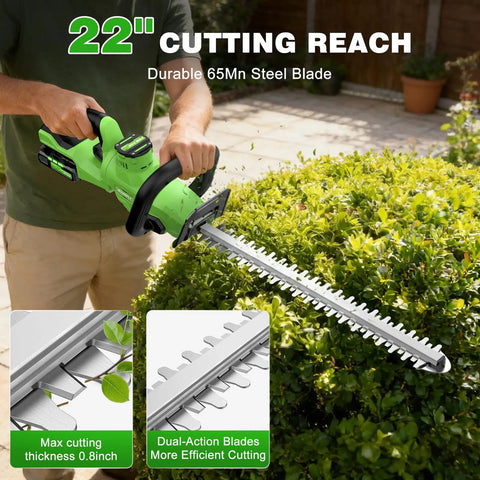 Cordless 22 Inch Hedge Trimmer With Two 2Ah Batteries 20V Power trimming bush with dual-action steel blades in garden