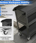 3 Tier Rolling Tool Cart With Lockable Drawer And Pegboard Hooks, Built Tough Heavy Duty Metal Utility Cart On Wheels For Garage, Workshop And Warehouse Organization, black steel side view with handle and lockable casters