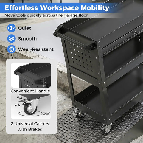 3 Tier Rolling Tool Cart With Lockable Drawer And Pegboard Hooks, Built Tough Heavy Duty Metal Utility Cart On Wheels For Garage, Workshop And Warehouse Organization, black steel side view with handle and lockable casters