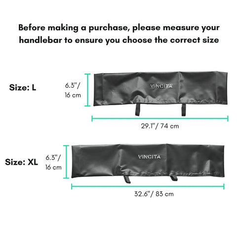 Size chart of Waterproof Mountain Bike Handlebar Cover With Hook And Loop Strap Black XL showing dimensions for sizes L and XL.