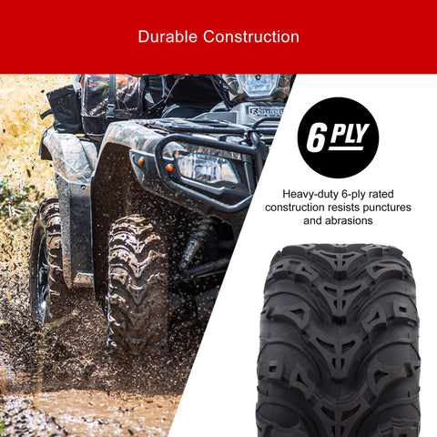 ATV with Mud Force ATV Tire Set 25x8-12 Front And 25x10-12 Rear, 6-Ply Heavy-Duty Bias Ply Off-Road Quad Tires in muddy terrain