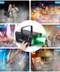 All In One Fog Machine With 6 LED Lights And 12 Color Effects in various settings like weddings, Halloween, and stage shows