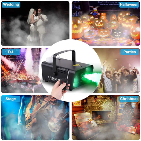 All In One Fog Machine With 6 LED Lights And 12 Color Effects in various settings like weddings, Halloween, and stage shows