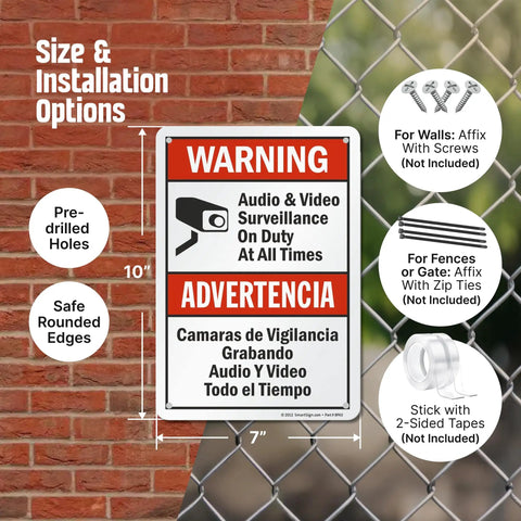 Warning Audio And Video Surveillance Sign On Duty At All Times Bilingual 7x10 Aluminum Outdoor Sign with installation options
