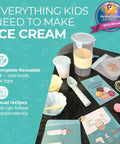 Kids Ice Cream Science Kit For Real Homemade Ice Cream With Reusable Tools And Visual Recipes, laid out with scoop and shaker