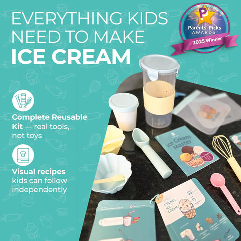 Kids Ice Cream Science Kit For Real Homemade Ice Cream With Reusable Tools And Visual Recipes, laid out with scoop and shaker