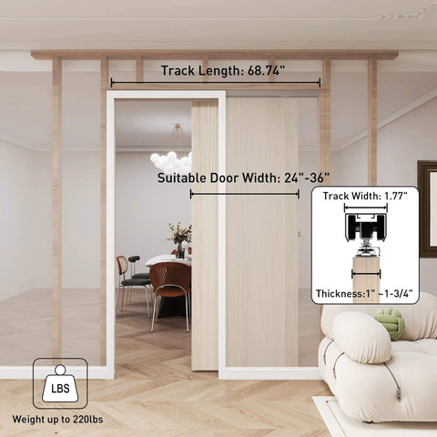 Six Foot Pocket Door Kit With Commercial Grade Sliding Hardware, aluminum box track, installed in home interior, black finish