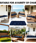 Various setups of 59 Inch Waterproof Indoor Outdoor Garden Bench Cushions Thick Pad For Patio Porch Rocking Chairs Wicker Loveseat Settee Navy Comfy Weather Resistant Fade Free Durable Cotton Polyester Fabric Cushions.