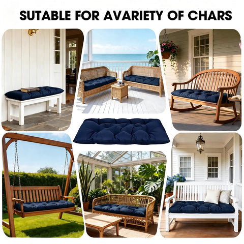 Various setups of 59 Inch Waterproof Indoor Outdoor Garden Bench Cushions Thick Pad For Patio Porch Rocking Chairs Wicker Loveseat Settee Navy Comfy Weather Resistant Fade Free Durable Cotton Polyester Fabric Cushions.