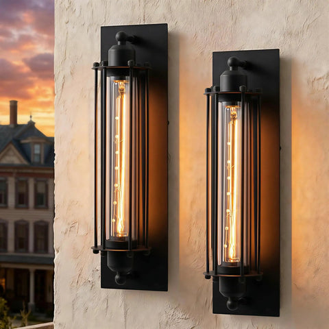 Industrial Outdoor Porch Wall Light Sconce Set Of 2 In Matte Black 18 Inch Vintage Exterior Lighting Fixture For Front Door Patio Garage Weather Resistant With Protective Glass Cylinder And Steampunk Cage mounted on a wall
