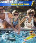 Kids playing with Shark Themed RC Kayak Boat For Kids With 2.4 GHz Remote Control LED Night Lights in pool during summer