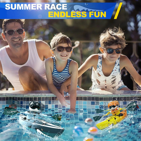Kids playing with Shark Themed RC Kayak Boat For Kids With 2.4 GHz Remote Control LED Night Lights in pool during summer