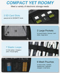 Travel Ready Electronics Organizer Case interior with SD card slots, large pockets, elastic loops, and mesh pouches for tech gear.