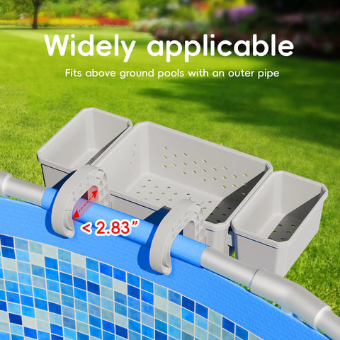 Poolside Storage Basket With Two Cup Holders And Stretchable Organizer For Drinks And Pool Supplies, installed above ground poolside