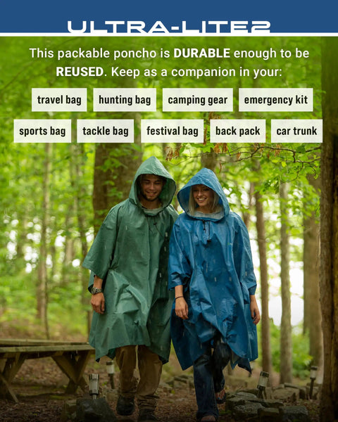 Two people in forest wearing Ultra Lite 2 Reusable Waterproof Breathable Poncho For Rain Gear That Actually Works Lightweight Durable
