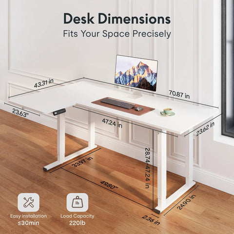 Desk dimensions for Sweeping L Shaped Standing Desk With Sturdy Four Leg Frame For Epic Gaming Or Pro Workstations, 71x43 inch.