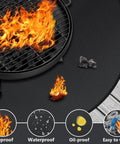40 Inch Round Fire Pit Mat For Outdoor Grills And Bonfires under burning grill, showing fireproof, waterproof, oil-proof icons
