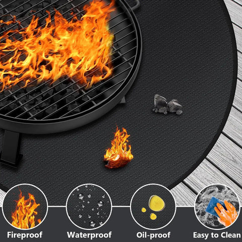 40 Inch Round Fire Pit Mat For Outdoor Grills And Bonfires under burning grill, showing fireproof, waterproof, oil-proof icons