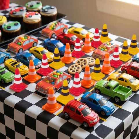 Kick Off Your Events With These Durable Mini Traffic Cones Bulk Pack Designed For Birthday Parties Classroom Drills And Hobby Track Layouts Ready To Roll Anytime Featuring Bold Assorted Colors Straight Up Tough Build, arranged with toy cars on a race-themed table.