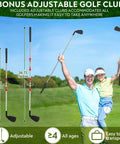 Man and child with Sticky Golf Chipping Game Set With 6x6 Foot Metal Frame For Backyard Hangout And Indoor Outdoor Practice, holding clubs.