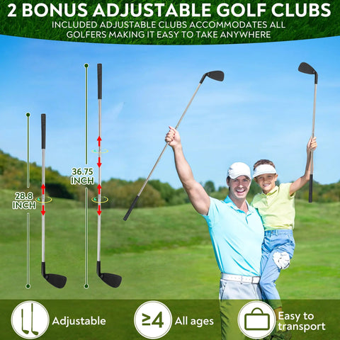 Man and child with Sticky Golf Chipping Game Set With 6x6 Foot Metal Frame For Backyard Hangout And Indoor Outdoor Practice, holding clubs.