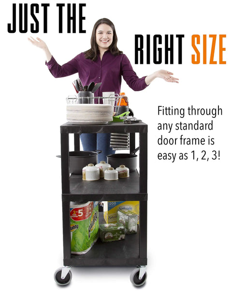 Three Shelf Flat Top Utility Cart That Handles Up To 300 Lbs Heavy Duty HDPE Shelves With Durable PVC Legs Smooth Rolling Wheels With Locking Feature A Workhorse For Office Warehouse Or Garage Storage And Easy Transport, black three-shelf cart with loaded shelves