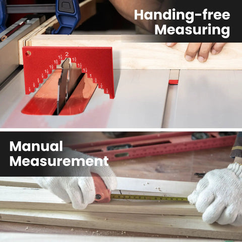 Comparison of Heavy Duty Aluminum Table Saw Height Gauge For Dead On Cutting Heights and manual measuring with tape.
