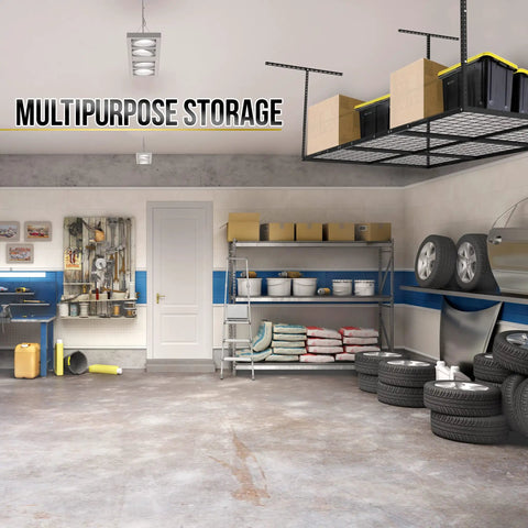Overhead Garage Shelving Storage Rack Adjustable 3 ft by 6 ft Ceiling Organizer Shelf Space Saving Heavy Duty Mounted in garage