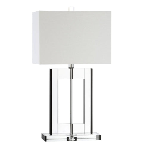 Clear And Black Crystal Table Lamp With Modern Geometric Glam Glass And White Linen Drum Shade 26 Inch Tall LED Bulb Included