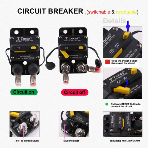 Heavy Duty 150 Amp Circuit Breaker With Manual Reset For 12V To 48V DC Systems Marine ATV Trailer Waterproof Three Eighths Inch M10 Studs Ignition Protected UL Rated Solar Battery Stereo Electronics, showing on and off positions with close-up details.
