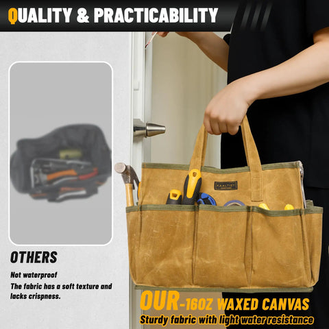 Waxed Canvas Tool Tote Bag With Large Capacity And 10 External Pockets for tools, khaki bag being held.