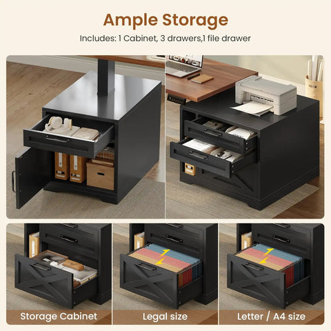 Farmhouse L Shaped Standing Desk With Height Adjustable Sit Stand Layout 70.1 By 73.2 Inches Built In Drawers And Power Outlet Monitor Stand And LED Lights Cable Management Large Black Home Office Desk Workhorse showing storage cabinet, drawers, and file drawer.