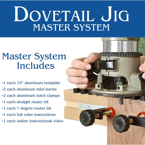 Master Dovetail Jig System With Two Anodized Aluminum Tracks, Two Clamps, Flush Trim Router Bit, Dovetail Router Bit, shown in use