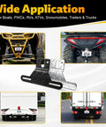 Heavy Duty Aluminum Trailer License Plate Bracket Frame With Universal Mounting Kit Rustproof Hardware For Trucks Trailers RVs And Boats displayed with applications on ATVs and trucks.
