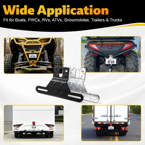 Heavy Duty Aluminum Trailer License Plate Bracket Frame With Universal Mounting Kit Rustproof Hardware For Trucks Trailers RVs And Boats displayed with applications on ATVs and trucks.
