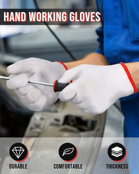 Person wearing 36 Pairs Work Gloves With White Polyester Liners, Non Slip And Launderable, Durable Construction Gloves with tool in hand.