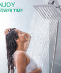 Woman enjoying Dual Shower Head System With Rainfall Top Spray And Handheld 70 Inch Flexible Hose Smooth 3 Way Diverter Easy Install Chrome Finish 2 In 1 Shower Head Combo