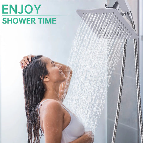 Woman enjoying Dual Shower Head System With Rainfall Top Spray And Handheld 70 Inch Flexible Hose Smooth 3 Way Diverter Easy Install Chrome Finish 2 In 1 Shower Head Combo
