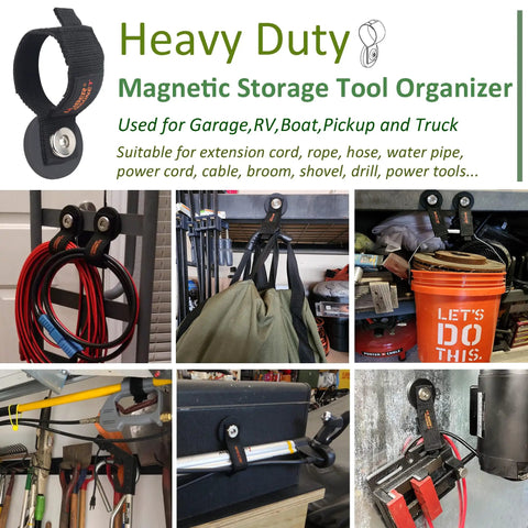 Heavy Duty Magnetic Garage Organizer Straps For Cords Hoses Cables Ropes And Tools Velcro Magnetic Holder For Workshop Home Truck RV And Pickup 2 Pack in use organizing various items