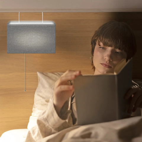 Headboard Reading Lamp With Linen Woven Grey Shade, Sleek Modern Design, Fits Headboards Up To 4 Inches Thick, person reading