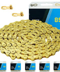 Gold 6 To 12 Speed Bike Chain For Road And Mountain Bikes High Strength Forged Steel Anti Rust And Wear Resistant Ultra Smooth Shifting 116 Links Fits Half Inch By Three Thirty Seconds Inch Universal Compatibility in packaging