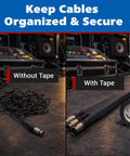 Electric Blue Gaffer Tape 2 Inch by 30 Yards No Residue Made in USA displayed with cables, showing organization and tidiness with tape use.