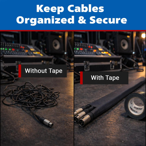 Electric Blue Gaffer Tape 2 Inch by 30 Yards No Residue Made in USA displayed with cables, showing organization and tidiness with tape use.