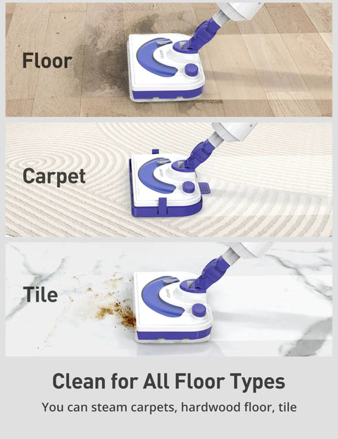 Kick Grime Steam Mop Heavy Duty Floor Steamer Fast 25 Second Heat Up With Detergent Chamber And Two Reusable Microfiber Pads For Smooth Tile Carpet Hardwood Floors, cleaning various floor types.
