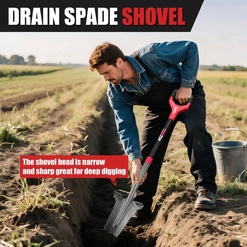 Man using Drain Spade Root Saw Shovel with Fiberglass Handle for Digging Trenching and Transplanting 45.3 Inches